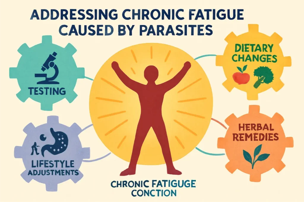 A conceptual diagram (1536x1024) showing a multi-faceted approach to addressing chronic fatigue caused by parasites. The central image is a 