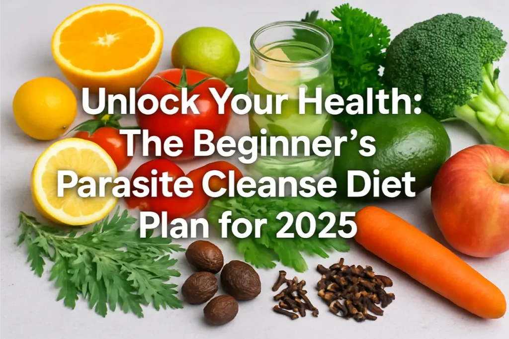 Professional landscape hero image with bold text overlay: 'Unlock Your Health: The Beginner's Parasite Cleanse Diet Plan for 202