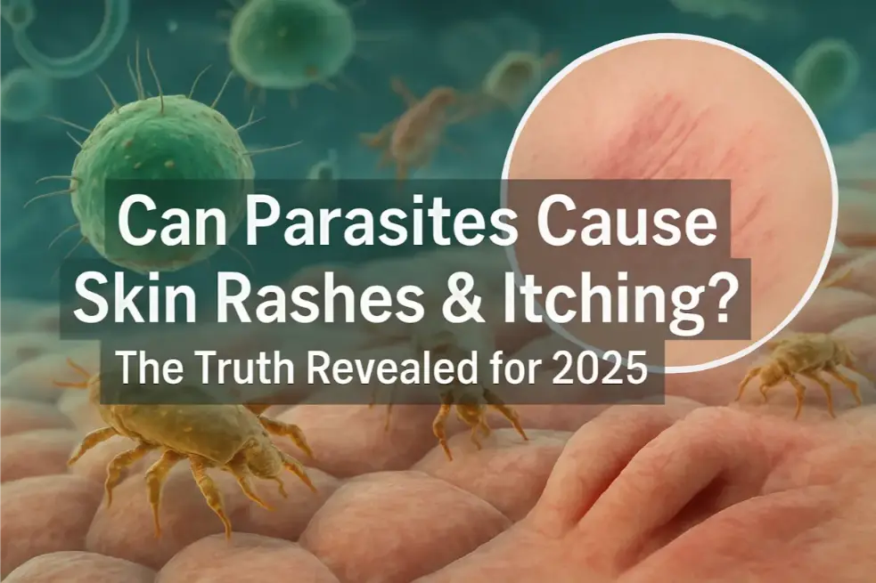 Professional landscape hero image with bold text overlay: 'Can Parasites Cause Skin Rashes & Itching? The Truth Revealed for 202