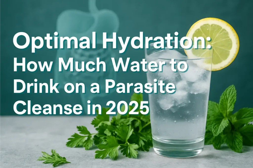 Professional landscape hero image with bold text overlay: 'Optimal Hydration: How Much Water to Drink on a Parasite Cleanse in 2
