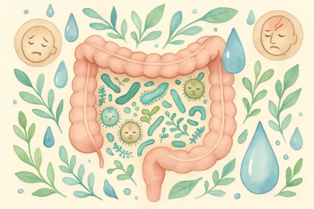 An artistic rendering of the human gut biome with beneficial bacteria and a few stylized, dormant parasites, surrounded by droplets of water