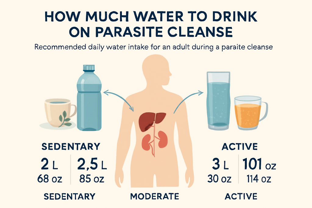 A detailed infographic illustrating the recommended daily water intake for an adult during a parasite cleanse, showing different activity le