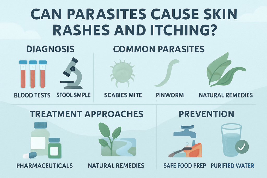 A clear, informative landscape infographic (1536x1024) visually outlining the diagnostic process and treatment options for parasite-induced