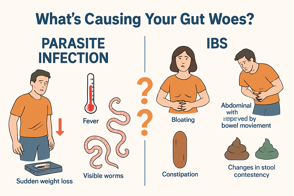 A detailed infographic comparison illustrating the key differences between parasite infection and IBS symptoms. The l
