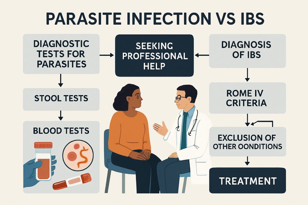A detailed conceptual diagram showcasing the diagnostic and management pathways for distinguishing between parasite i