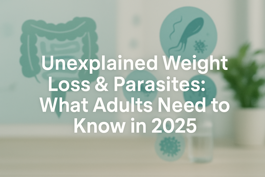 Professional landscape hero image with bold text overlay: 'Unexplained Weight Loss & Parasites: What Adults Need to Know in 2025