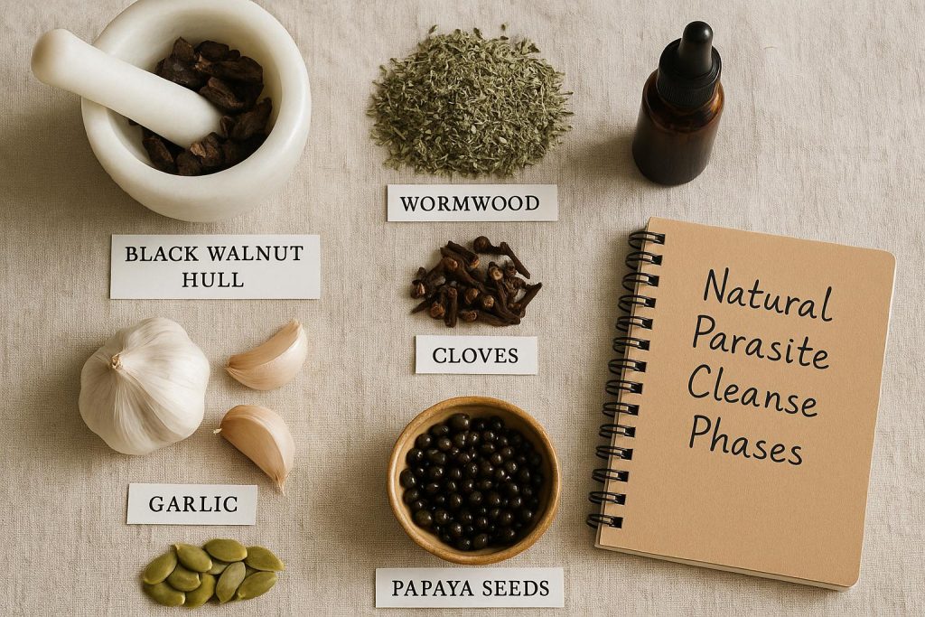 A beautifully composed flat lay image (1536x1024) showcasing a variety of natural anti-parasitic herbs and foods. Include visible labels for