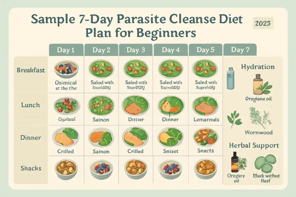 A detailed and accessible diagram in landscape format illustrating a 'Sample 7-Day Parasite Cleanse Diet Plan for Beginners' for
