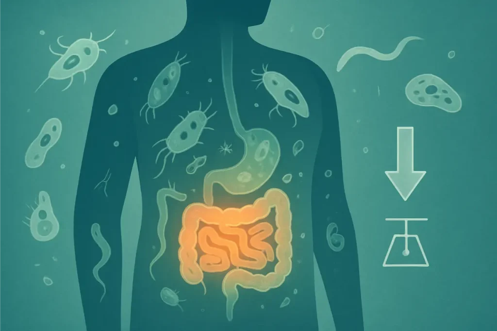 A detailed editorial-quality landscape image illustrating the complex connection between the human digestive system and microsco